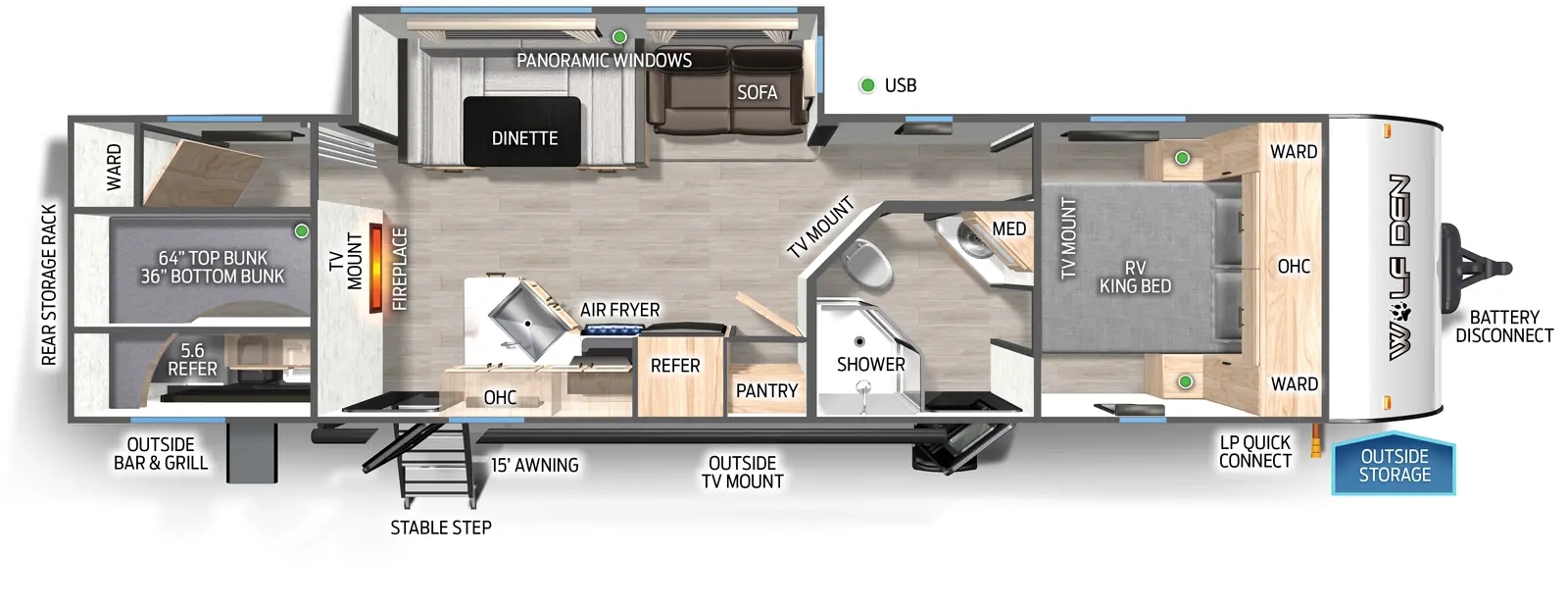 The Cherokee 294GEBG floorplan has two entries and one slide out. Exterior features include: metal exterior, 15' awning and outside kitchen. Interiors features include: bunk beds, u-dinette and front bedroom.